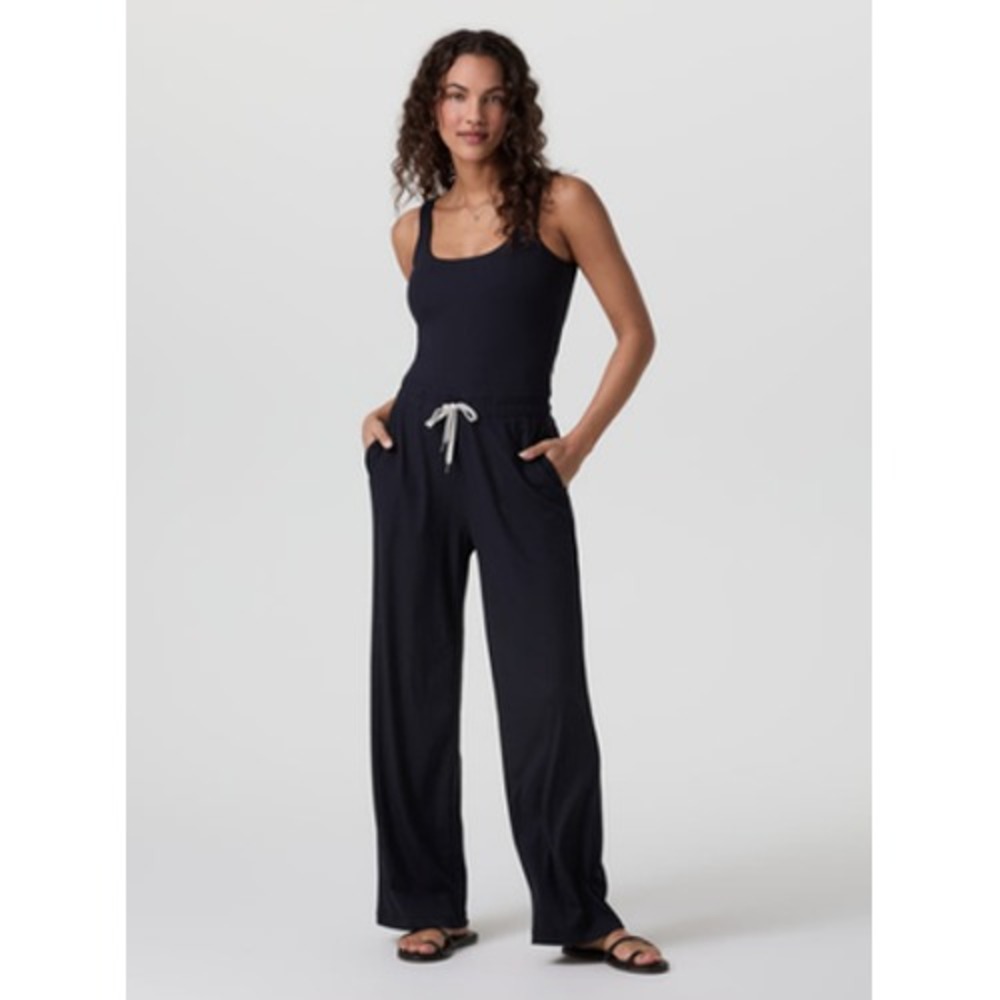 Vuori Pose Scoop Jumpsuit Womens XS Black Drawstring Wide Leg Athleisure Travel